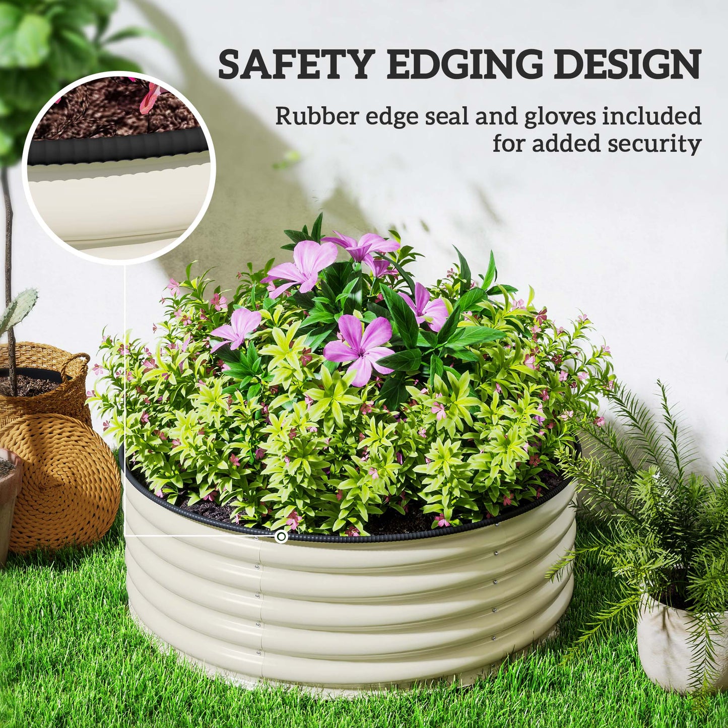 Outsunny Galvanised Raised Garden Bed with Safety Edging, Outdoor Raised Planter Box with Gloves, 120 x 120 x 43cm