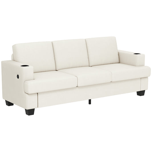 3 Seater Sofa with USB Ports & Cup Holders - Cream White / Grey