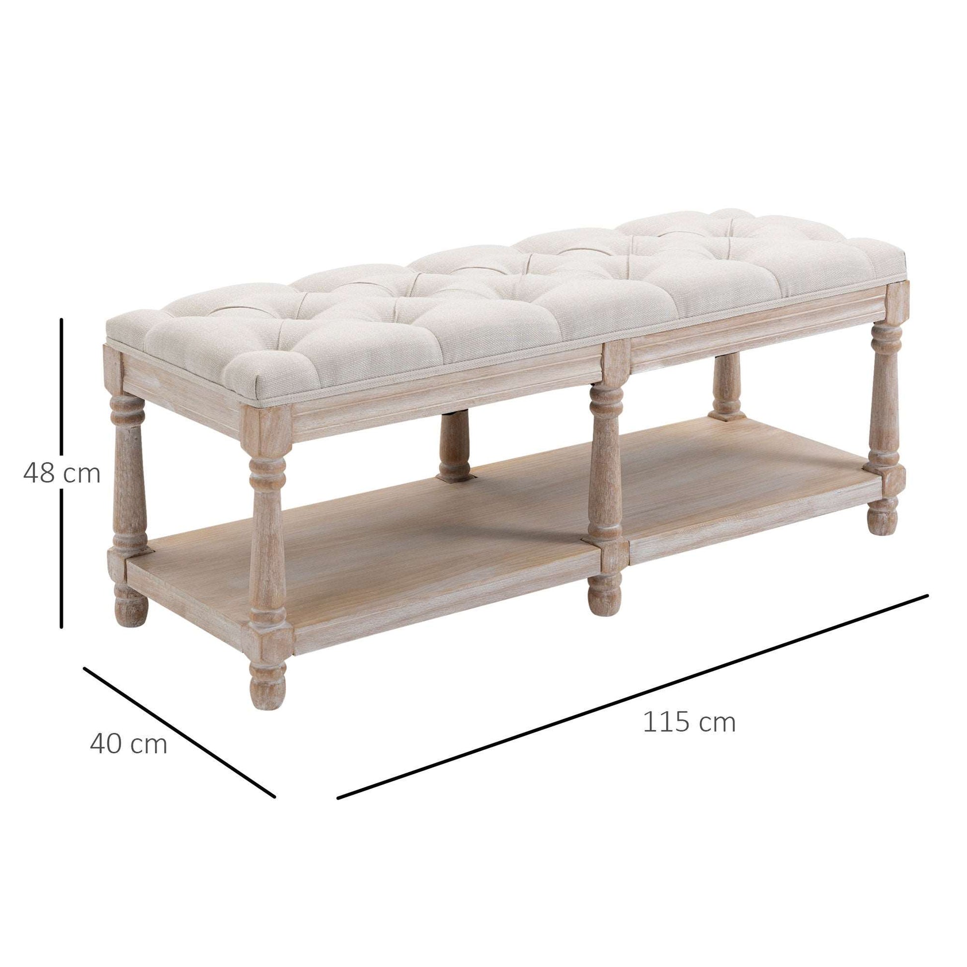 2 Tier Shoe Rack Bench with Button Tufted Upholstered Cushion, Vintage Bed End Bench, Wooden Window Seat for Hallway, Living Room, Cream White