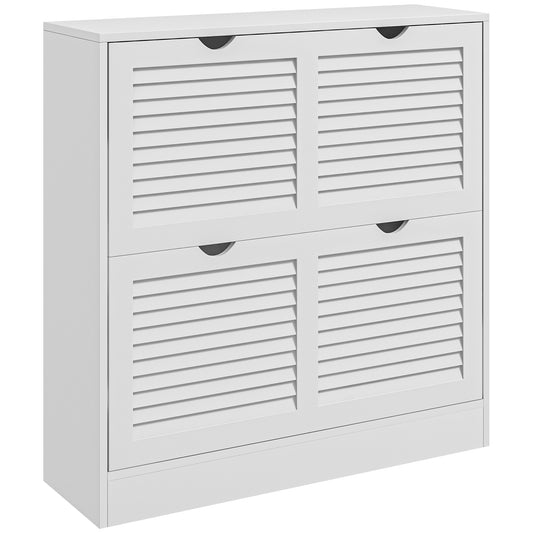 2 Drawers Entryway Shoe Cabinet, Narrow Storage Cabinet W/ 2 Flip Drawers, Louvred Door Design & Adjustable Shelves for 16 Pairs - White