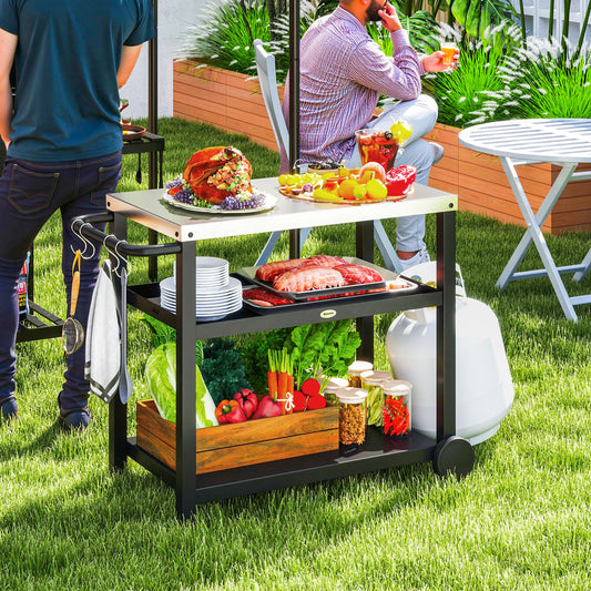 Outdoor Grill Dining Cart 3-Shelf Movable Pizza Oven Table Stand with Stainless Steel Top, Portable BBQ Trolley Food Prep Outdoor Kitchen BBQ Station