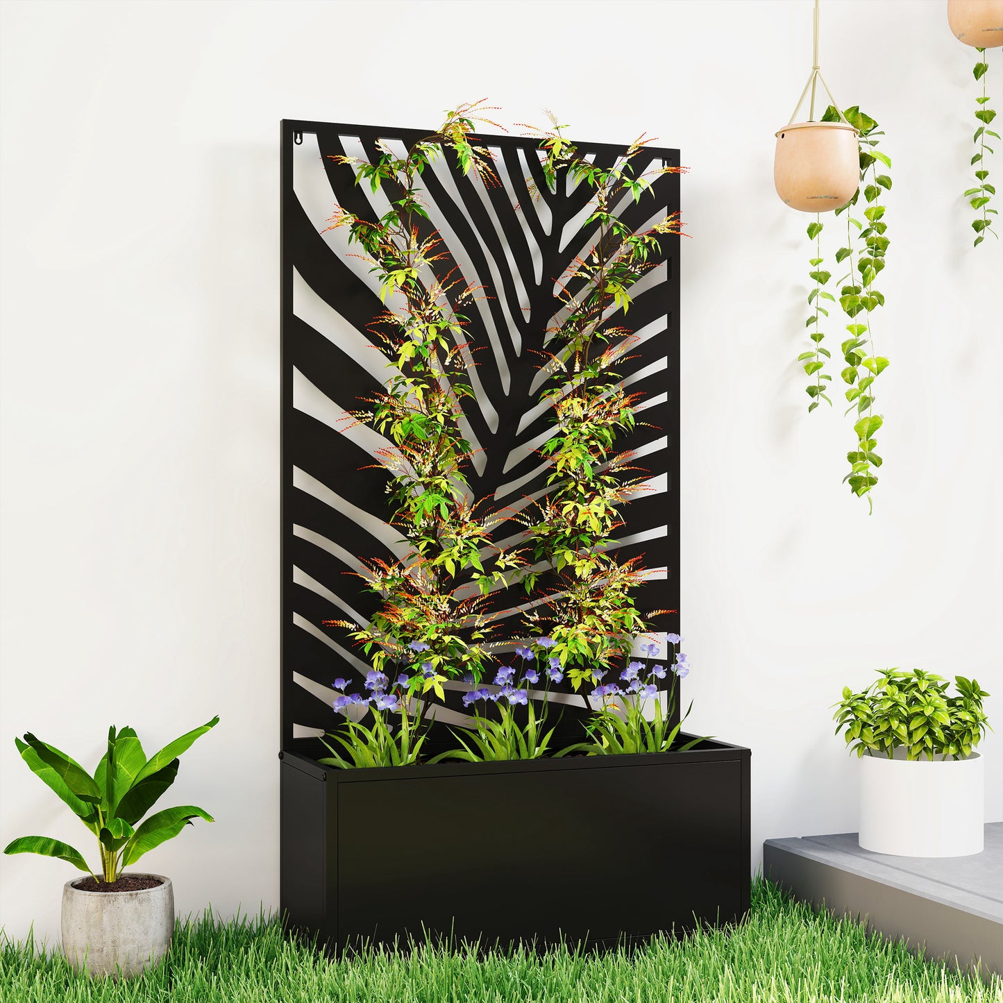 Metal Raised Planter with Large Leaf Cut-Out Trellis & Privacy Screen | Wall Mounted or Freestanding | 29L Soil | 50kg | Powder-Coated | 61x23x113cm | Climbing Plants | Black