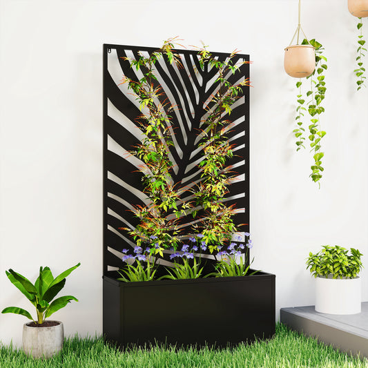 Metal Raised Planter with Large Leaf Cut-Out Trellis & Privacy Screen | Wall Mounted or Freestanding | 29L Soil | 50kg | Powder-Coated | 61x23x113cm | Climbing Plants | Black