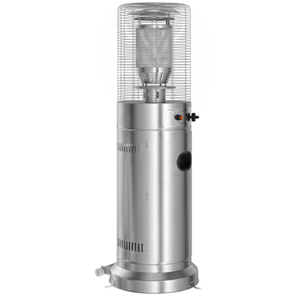 Outsunny Gas Patio Heater | Silver Stainless Steel | 13kW Stepless | 30m² Coverage | Pulse Ignition | Tip-Over Protection | Propane | Metal Mesh Guard | Tank Cabinet | 52x46x136cm