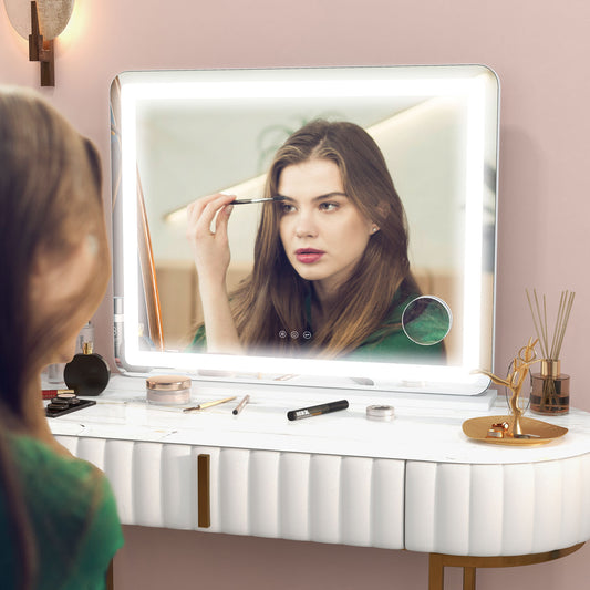 Vanity Mirror with Lights, Large Lighted Makeup Mirror with 3 Colour Lighting Modes, USB Charging Port, Touch Screen, Tabletop or Wall Mounted Design
