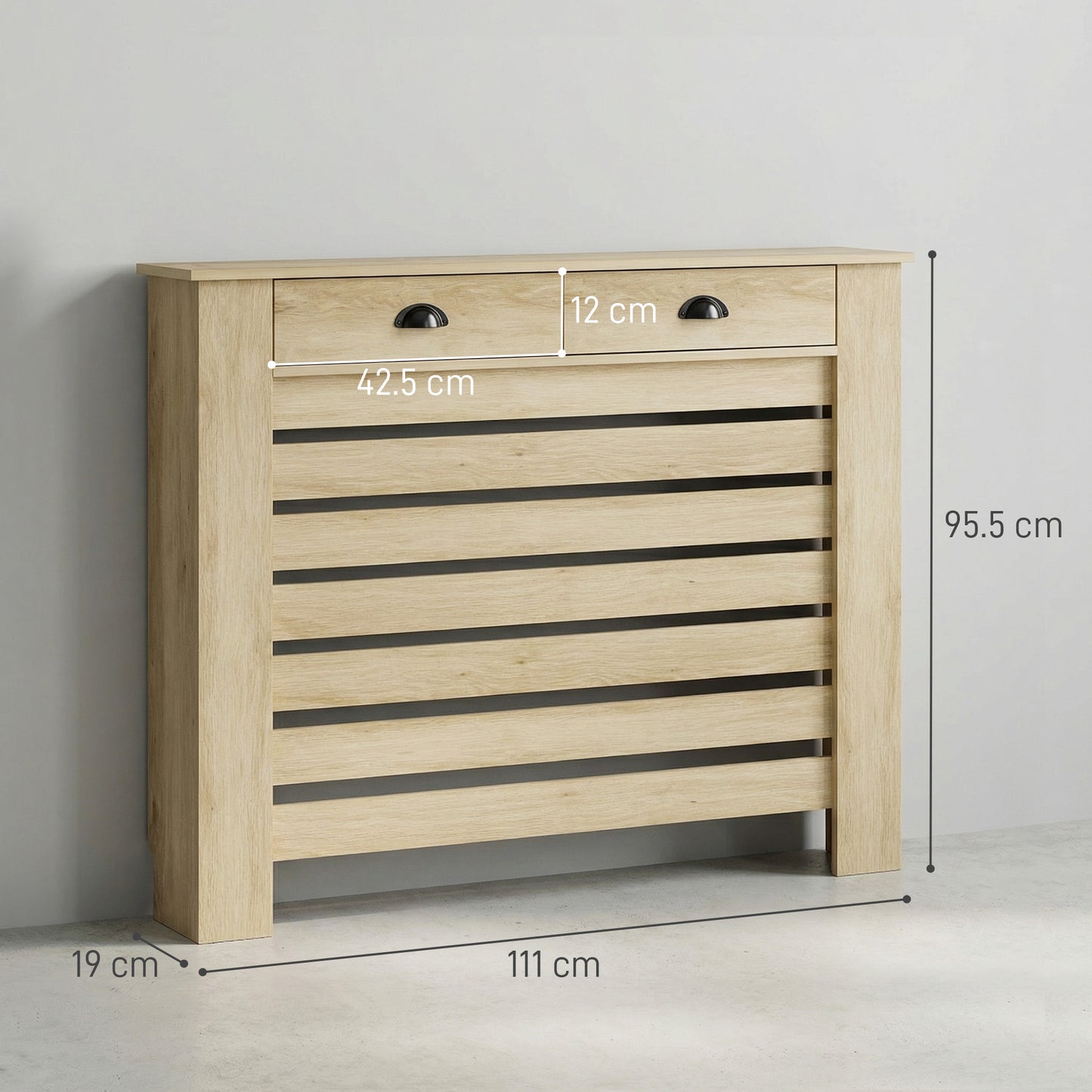MDF & Particle Board Radiator Cover with 2 Drawers | Slatted Design | Skirting Board Cut-Outs | Easy-Fix Clips | Wood-Effect Top | 4kg Per Drawer | 111x19x95.5cm | Oak