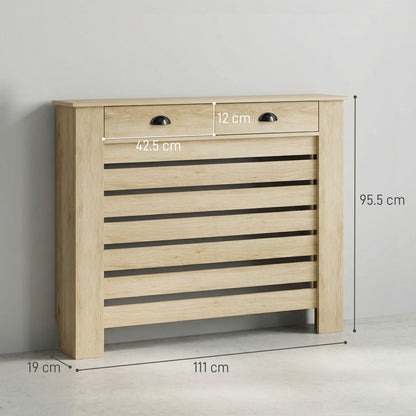 MDF & Particle Board Radiator Cover with 2 Drawers | Slatted Design | Skirting Board Cut-Outs | Easy-Fix Clips | Wood-Effect Top | 4kg Per Drawer | 111x19x95.5cm | Oak