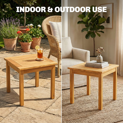 Solid Acacia Wood Coffee Table | Slatted Top | 30kg Capacity | Adjustable Foot Pads | No Assembly Required | Indoor & Outdoor | 48 x 48 x 46cm | Natural Teak Finish