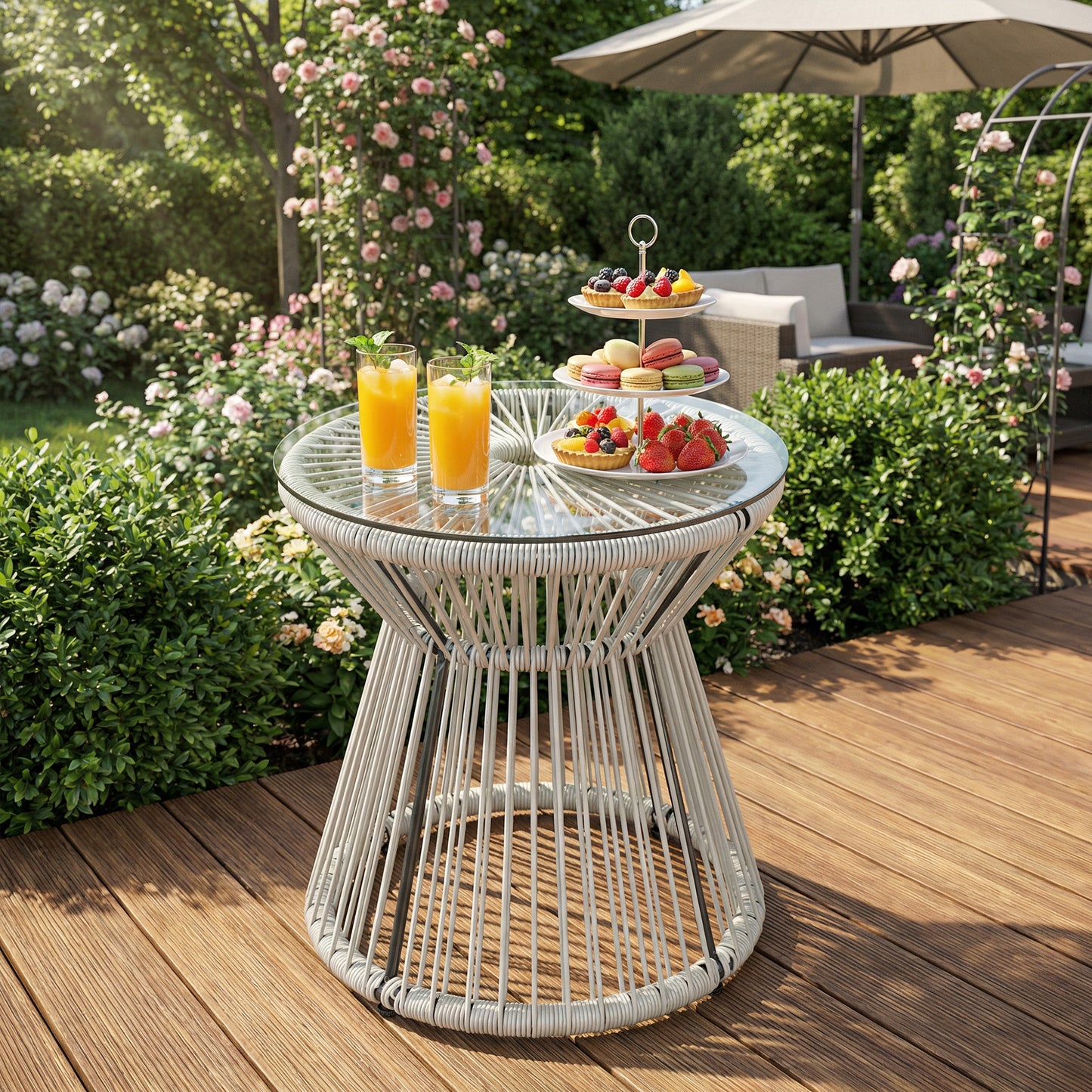 Rattan Bistro Side Table | PE Wicker String Design | 5mm Tempered Glass Top | Dia 40x42cm | Powder Coated Steel | 30kg | No Assembly | Light Grey
