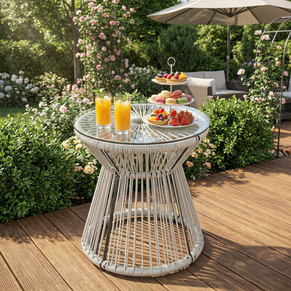 Rattan Bistro Side Table | PE Wicker String Design | 5mm Tempered Glass Top | Dia 40x42cm | Powder Coated Steel | 30kg | No Assembly | Light Grey