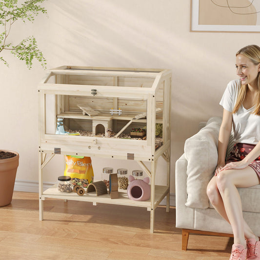 PawHut 2 Tier Wooden Hamster Cage with Shelf and Openable Top
