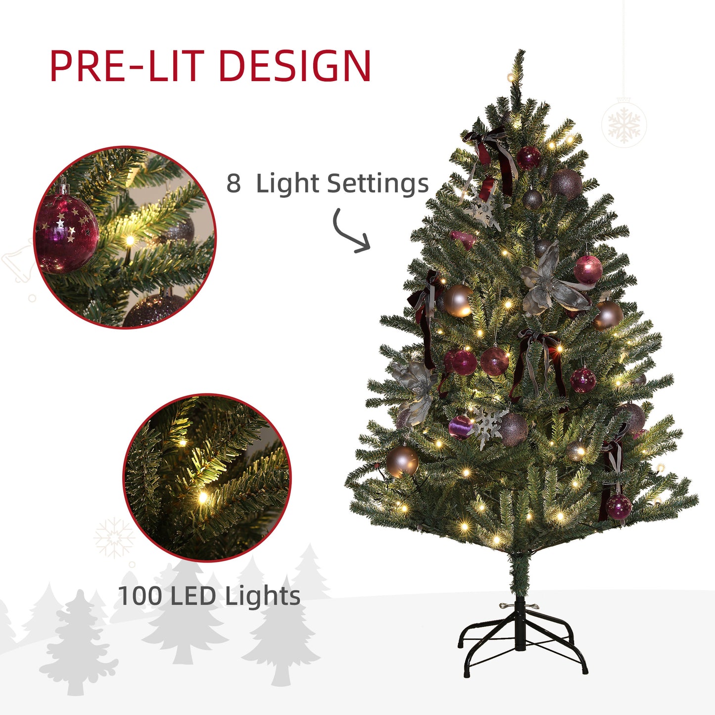 5ft Artificial Prelit Christmas Tree with Warm White LED Lights and 486 Tips, Metal Stand W/ Purple Ornaments
