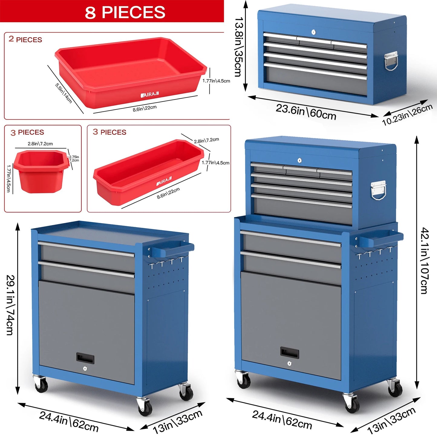 AIRAJ Rolling Tool Chest 8 Drawers Tool Cabinet With Wheels Sliding Drawers Detachable Toolbox Storage Box Organiser