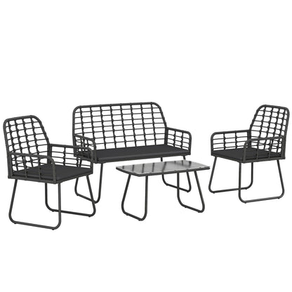 4 Piece Rattan Garden Furniture Set | Loveseat | 2 Armchairs | Coffee Table | Tempered Glass Top | PE Rattan & Metal Frame | High-Density Cushions | Washable Covers | Black