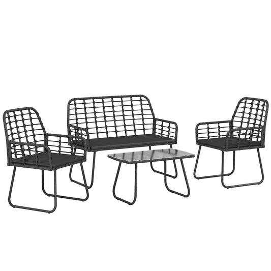 4 Piece Rattan Garden Furniture Set | Loveseat | 2 Armchairs | Coffee Table | Tempered Glass Top | PE Rattan & Metal Frame | High-Density Cushions | Washable Covers | Black