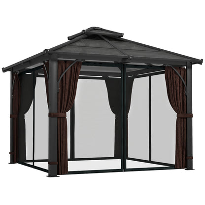 3 x 3(m) Hardtop Gazebo Canopy with 7mm Double Polycarbonate Roof, Garden Permanent Pavilion with Mosquito Netting, Brown