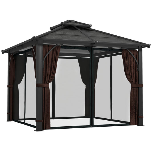 3 x 3(m) Hardtop Gazebo Canopy with 7mm Double Polycarbonate Roof, Garden Permanent Pavilion with Mosquito Netting, Brown
