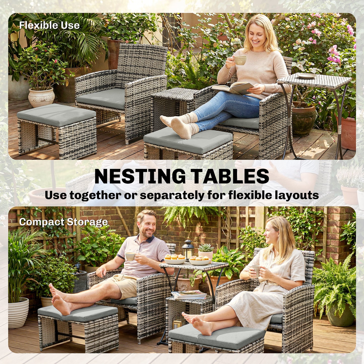 6-Piece Space-Saving PE Rattan Garden Furniture Set | 2 Armchairs | 2 Footstools | 2 Nesting Tables | UV-Resistant Rattan | Powder-Coated Steel | 5cm Zip Cushions | Fixing Straps | 120kg Capacity | Grey