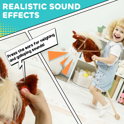 AIYAPLAY Stick Hobby Horse | Brown | Polyester Fabric Poplar Wood | 95cm | Neighing & Galloping Sounds | Wooden Wheels | Grip Handle | EN71 | 3x LR44 Included | Indoor Outdoor | Age 2+
