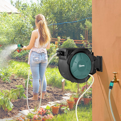 Retractable Hose Reel Wall Mounted, 20+2m Garden Hose Pipe Reel with Lock, Auto Rewind, 7 in 1 Spray Nozzle, Includes Wall Fixings, 180° Swivel, Outdoor Watering, 59 x 20 x 39 cm, Black