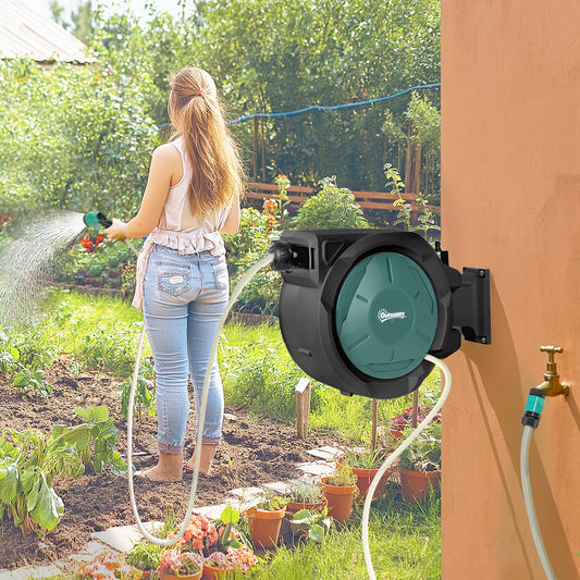 Retractable Hose Reel Wall Mounted, 20+2m Garden Hose Pipe Reel with Lock, Auto Rewind, 7 in 1 Spray Nozzle, Includes Wall Fixings, 180° Swivel, Outdoor Watering, 59 x 20 x 39 cm, Black