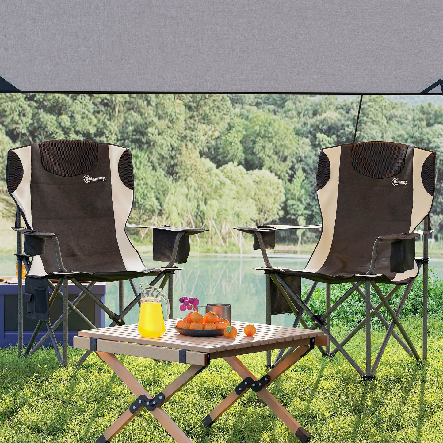 Set of 2 Folding Camping Chairs, Padded Camping Chairs with Adjustable Armrests, Portable & Lightweight Folding Camp Chair with Cooler Bag, Cup Holder and Side Pockets