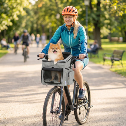 Dog Bike Basket Soft-Sided Pet Carrier | Security Leash | Mesh Doors & Windows | Plush Cushion | Roller Blind | Side Pockets | Includes Bowl | 5kg Capacity | 33x26x35cm | 300D Cloth | Light Grey