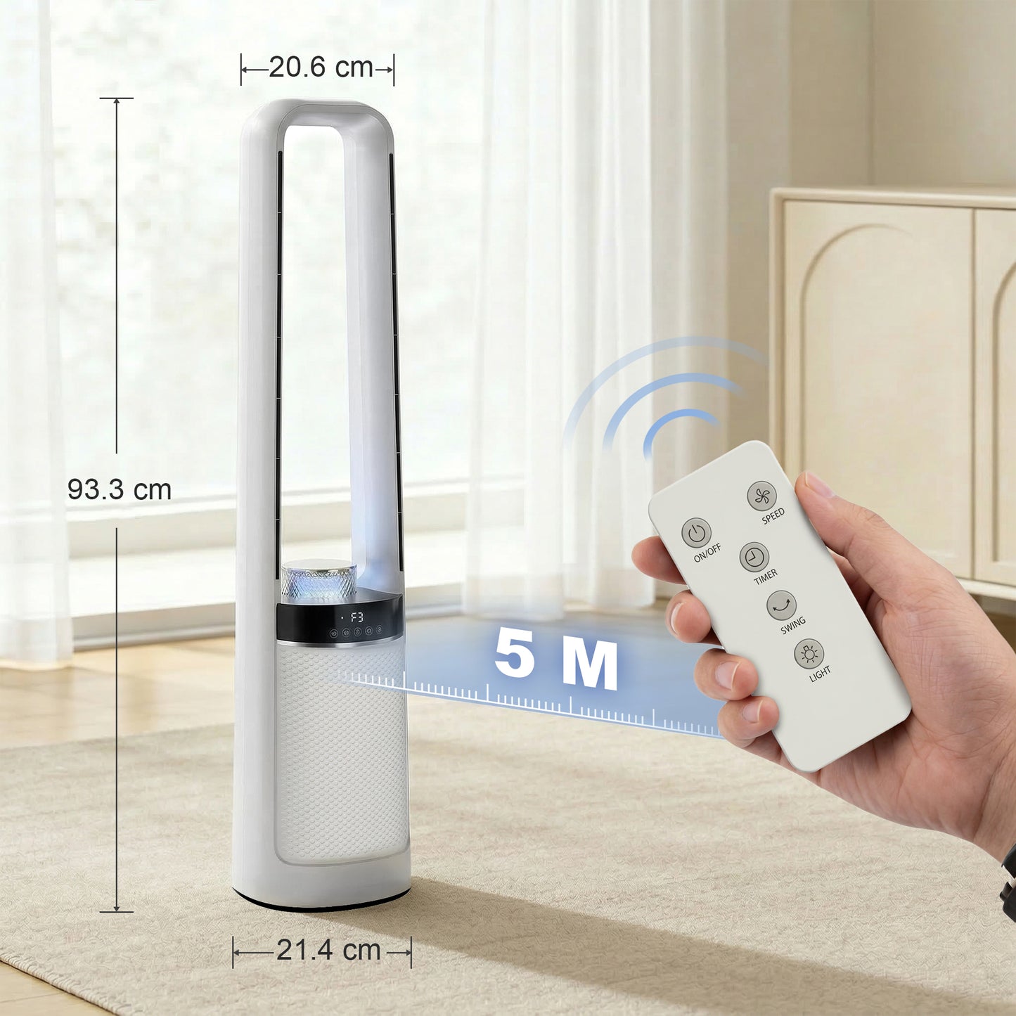 Bladeless Tower Fan | 36dB Sleep Mode | 4-Colour LED & Breathing Mode | 45° Oscillation | 3 Speeds | 12H Timer | 5m Remote | Washable Filter | 85W | 20.6x21.4x93.3cm | White