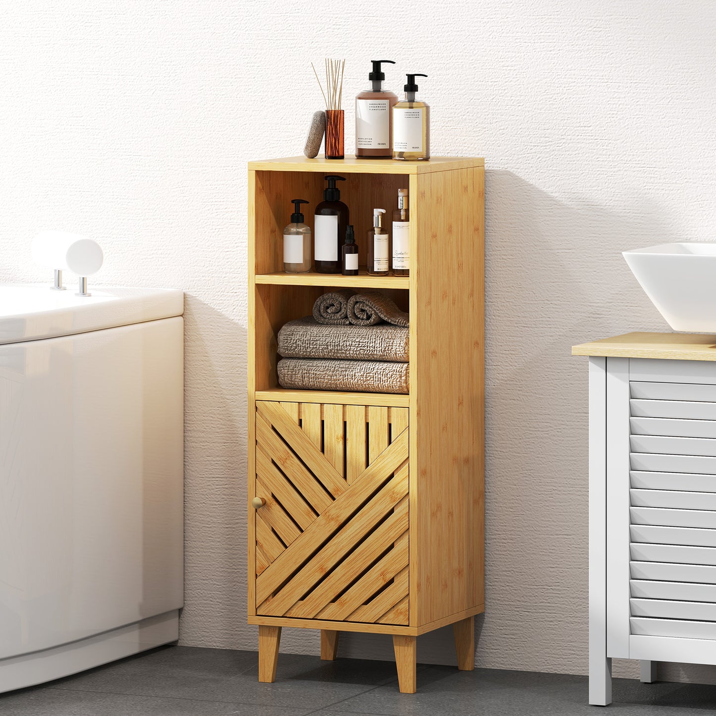 Slim Bathroom Cabinet with Bamboo Door and Legs, Narrow Bathroom Storage Cabinet, Freestanding Storage Cupboard with Open Compartments, 32 x 30 x 90 cm, Natural Wood Finish