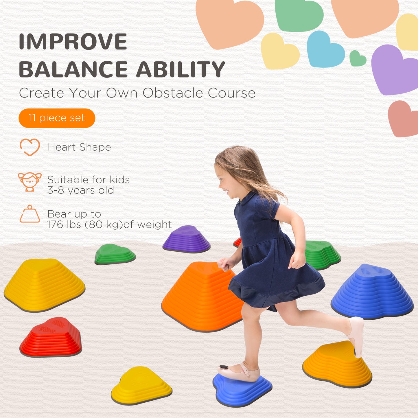 AIYAPLAY 11 Piece Heart-Shaped Kids Stepping Stones Balance & Motor Skills, Multicoloured