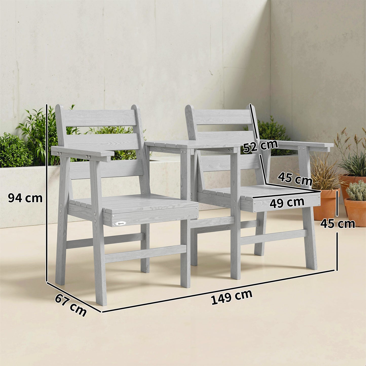 Wooden Jack & Jill Garden Loveseat | Integrated Centre Table | Embossed Fir Wood | Angled Backrest | Slatted | 300kg | 149x67x94cm | Grey