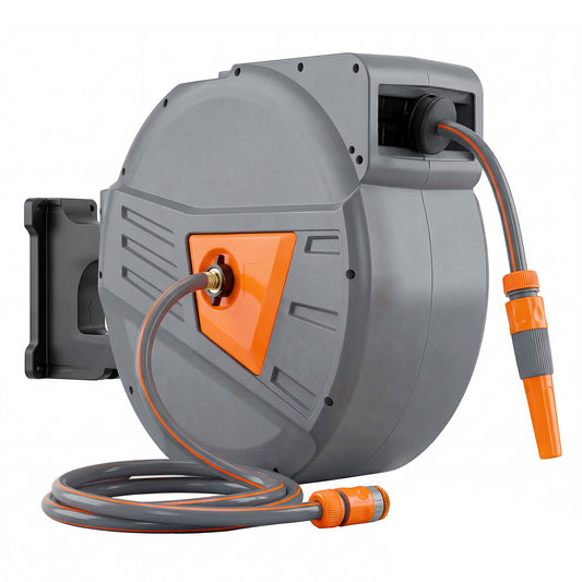 Wall Mounted Retractable Garden Hose Reel | 40+2m | Auto Retract & Self-Locking | 180° Swivel Bracket | Dual Spray Modes | 8 Bar Working Pressure | 61x26x43cm | Orange
