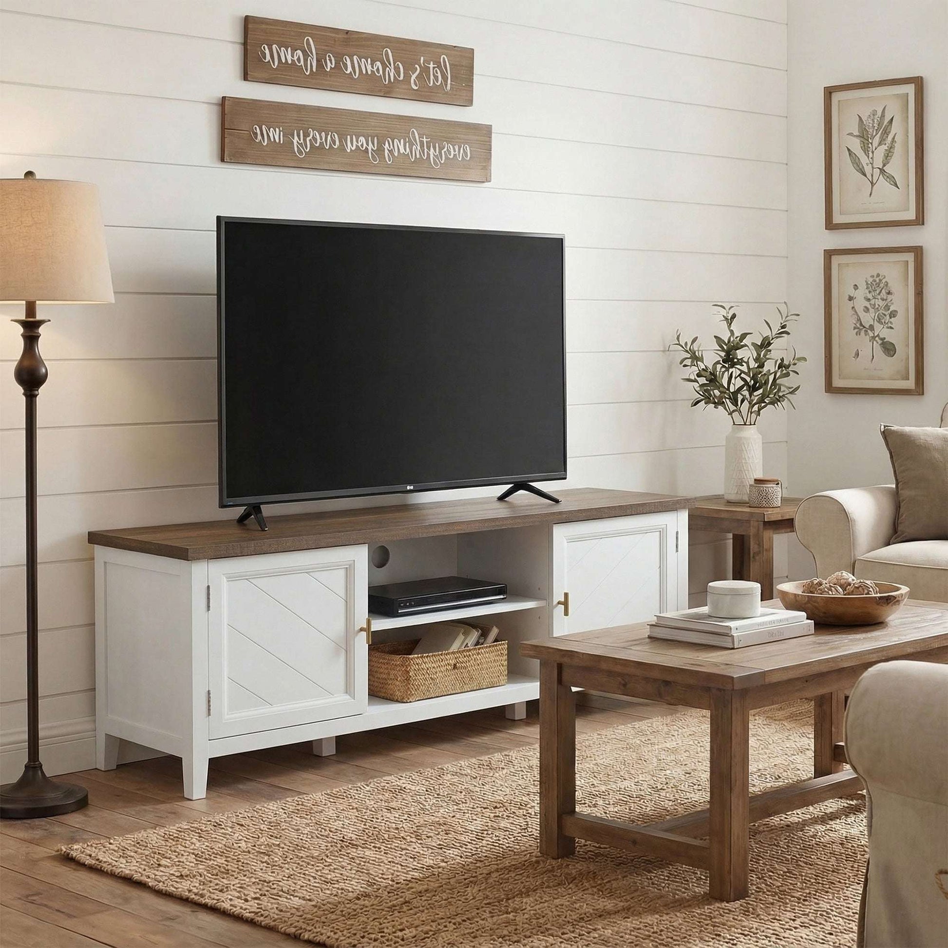 Farmhouse TV Stand | 140cm | Up to 42" TV | 2 Cabinets | 2 Open Shelves | Gold T-Bar Handles | Cable Holes | 50kg | White