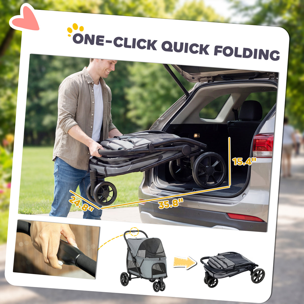 3-Wheel Dog Stroller | Dual Entry | One-Click Fold | Panoramic Mesh Windows | Washable Cushion | 600D Oxford | 20kg | Grey
