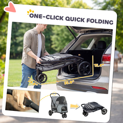 3-Wheel Dog Stroller | Dual Entry | One-Click Fold | Panoramic Mesh Windows | Washable Cushion | 600D Oxford | 20kg | Grey