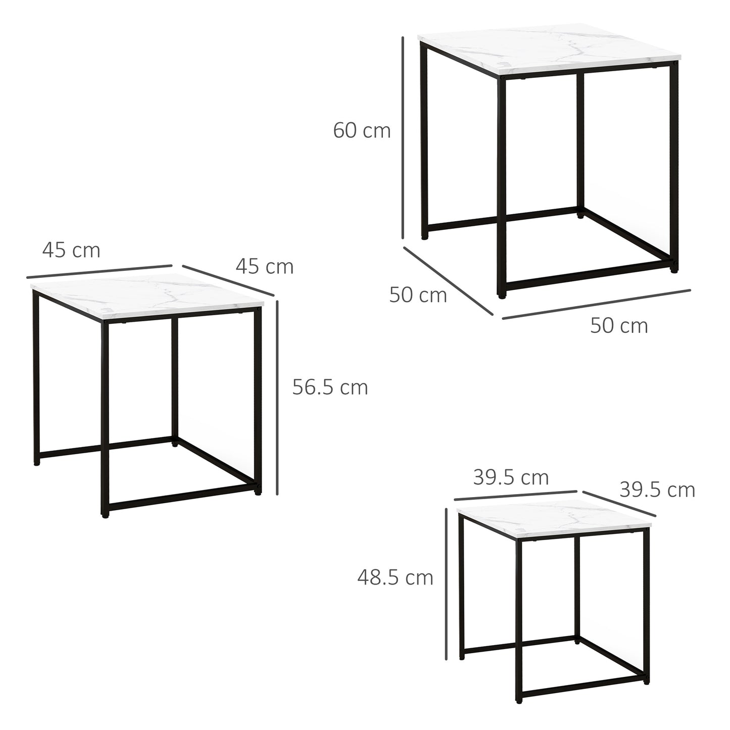 Nesting Tables Set of 3, Side End Table with Faux Marble Effect Top and Steel Legs for Living Room, Bedroom, White