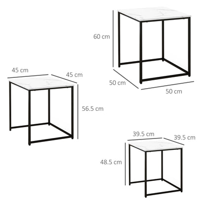 Nesting Tables Set of 3, Side End Table with Faux Marble Effect Top and Steel Legs for Living Room, Bedroom, White