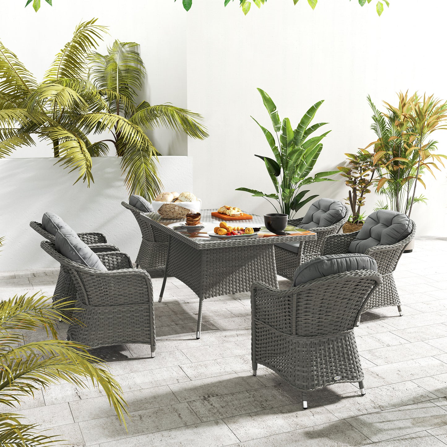 6 Seater Outdoor Garden Furniture Dining Set with Seat and Back Cushions, PE Rattan Table and Chairs, Rectangular Glass Top Table