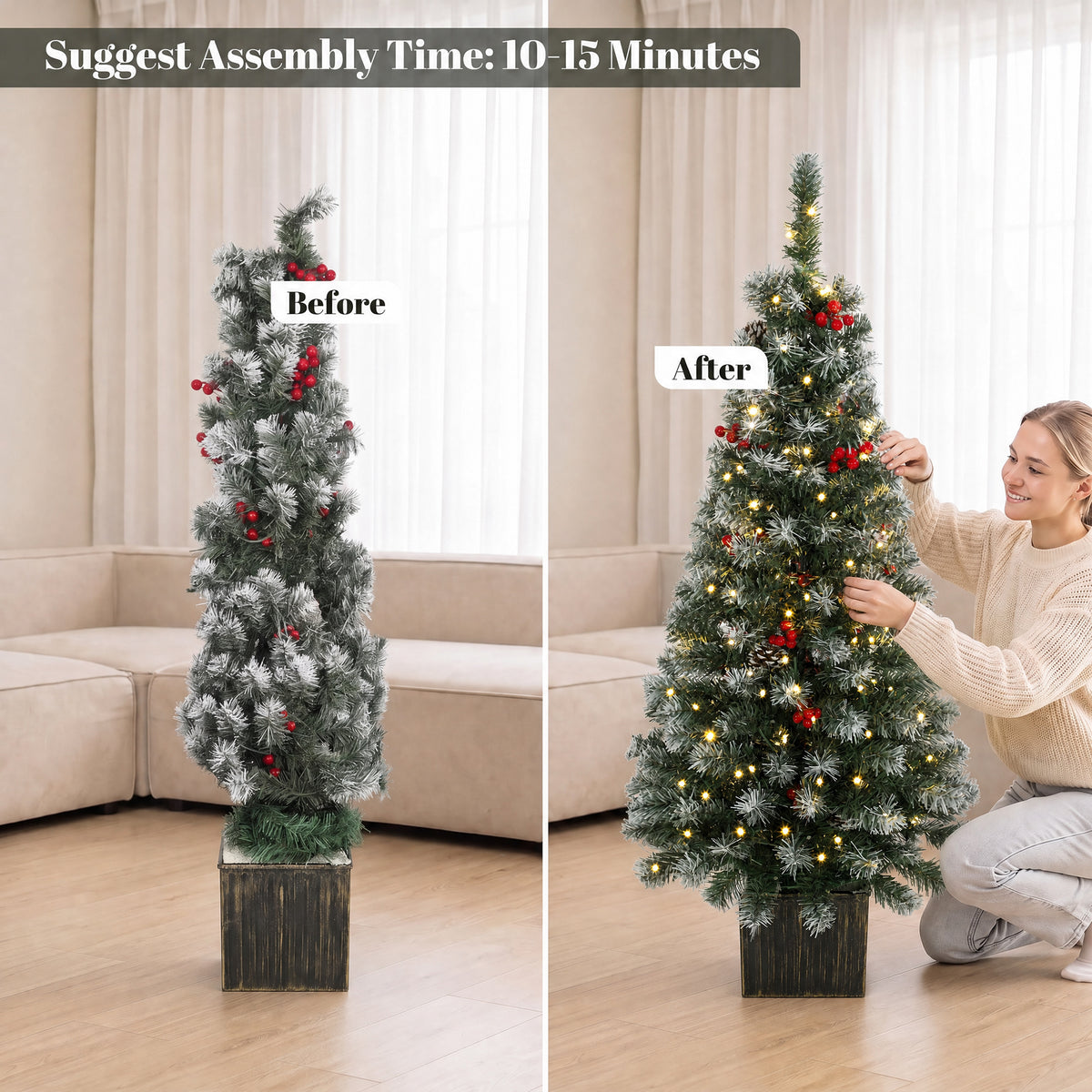 Set of 2 Slim Pre-Lit Christmas Trees | Green Frosted Tips | 120cm 4ft Pencil | 100 LEDs Warm White Multicolour | 11 Modes Remote | 140 Tips Pine Cones Berries | Battery Operated | Pot Base