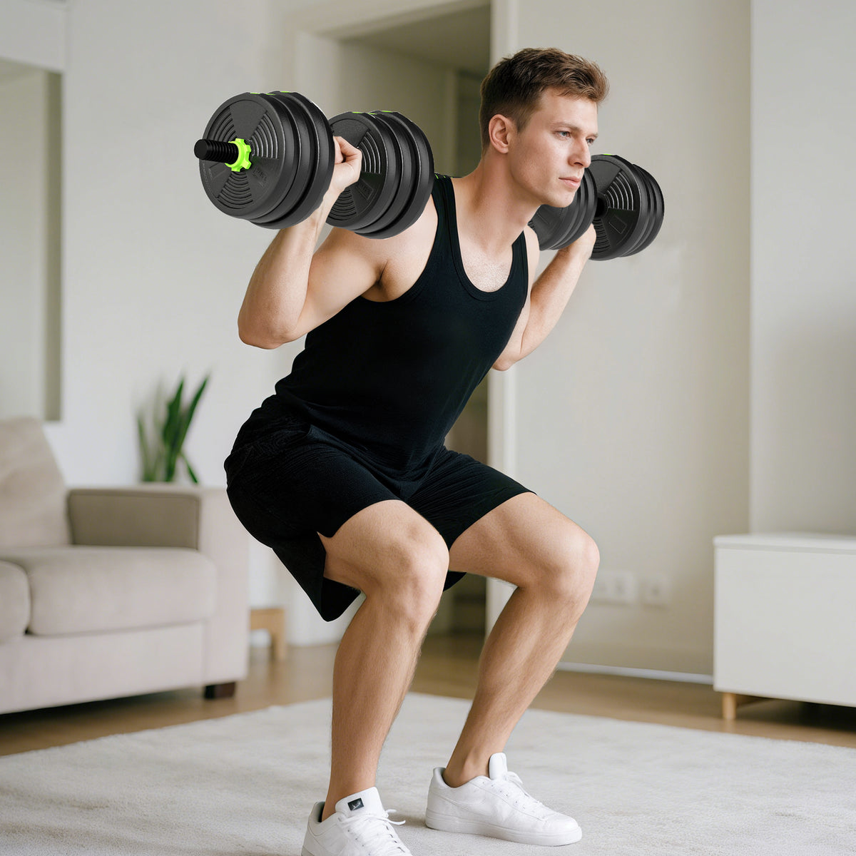 SPORTNOW 3-in-1 Adjustable Dumbbell Barbell & EZ Curl Bar Set | Black & Green | 15kg 20kg 25kg | Sand-Filled PVC Plates | Spinlock Collars | Non-Slip Handles | 2.5cm Hole | Home Gym