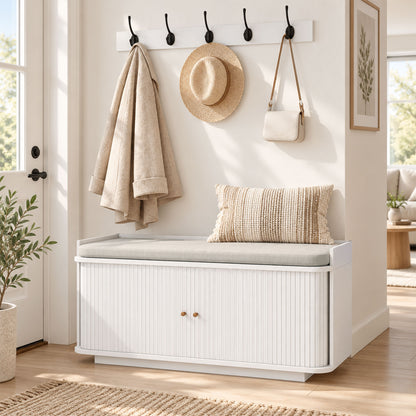 2-Piece Hallway Set | Shoe Bench 100x40x47.5cm 140kg Seat | Tambour Door | 2 Adjustable Shelves | Wall Coat Rack 80cm | 5 Alloy Hooks 10kg | 2 Wall Anchors | MDF | Entryway | White