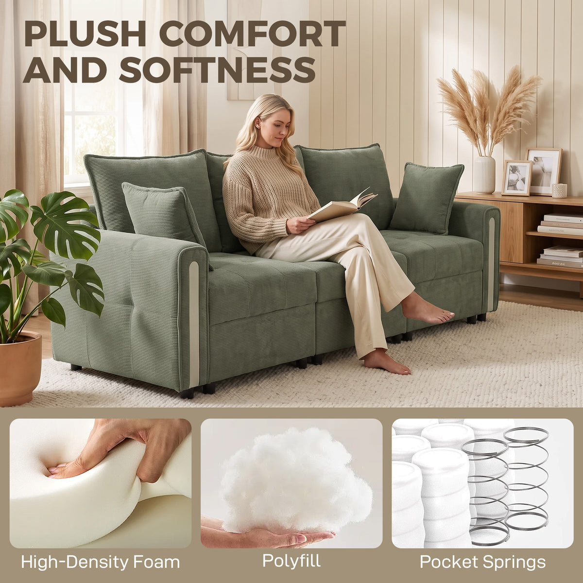 3-Seater Velvet Sofa with Lift-Up Storage | 228Wx68Dx88H cm | 190cm Wide Seat | 15cm Seat Cushion | 20cm Back Cushion | 15cm Arms | Multilayer Board & Metal Frame | 360kg | Living Room | Dark Green