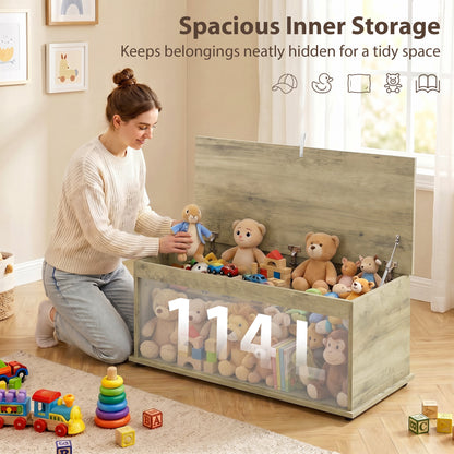 Large 114L Storage Chest Bench | 120kg Lid Capacity | Safety Lid | Grey Wood Effect | Bedroom, Hallway & Living Room | 100 x 40 x 40cm
