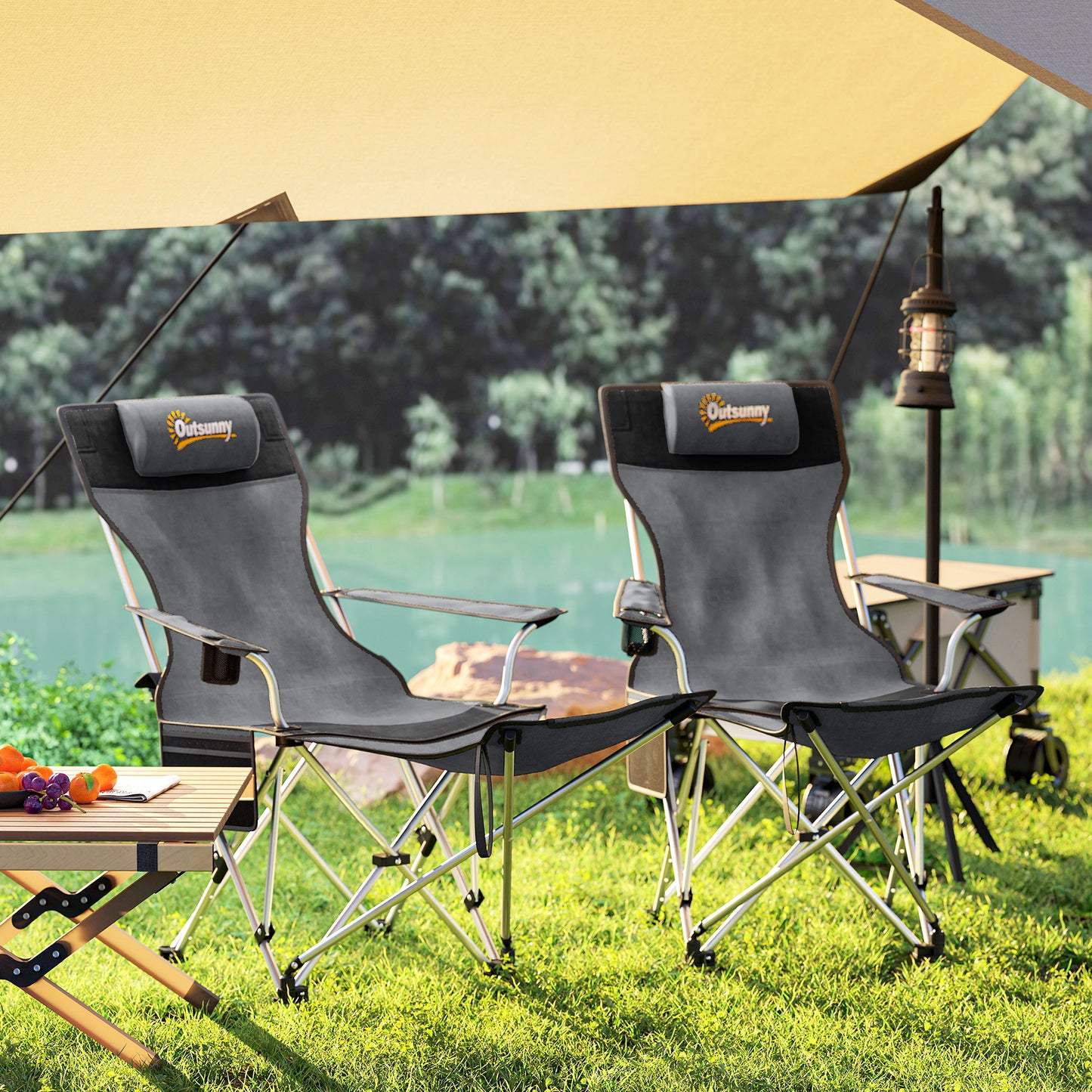Set of 2 Reclining Folding Camping Camp Chair w/ Detachable Footrest, Storage Bag, Cup Holder & Headrest, Lightweight Portable for Beach, Picnic
