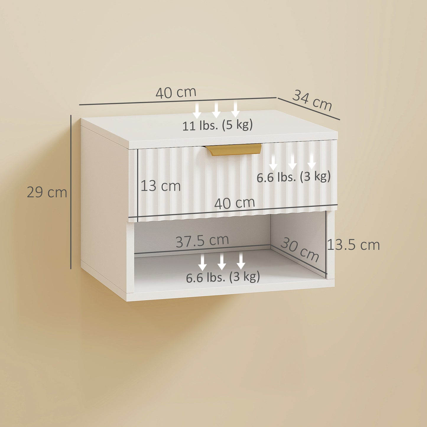 Floating Nightstands Set of 2, Modern Wall Mounted Bedside Tables with Fluted Drawer and Open Shelf for Bedroom, White