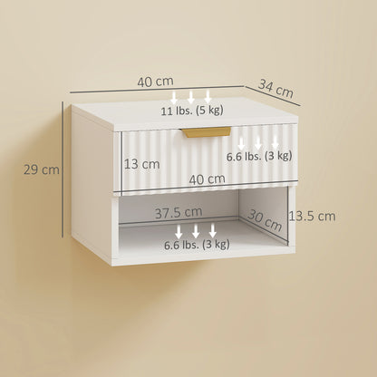 Floating Nightstands Set of 2, Modern Wall Mounted Bedside Tables with Fluted Drawer and Open Shelf for Bedroom, White