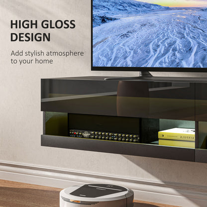 Floating TV Unit Wall Mounted TV Cabinet, High Gloss Media Wall Unit with LED Lights, Storages Shelves for Living Entertainment Room, Black