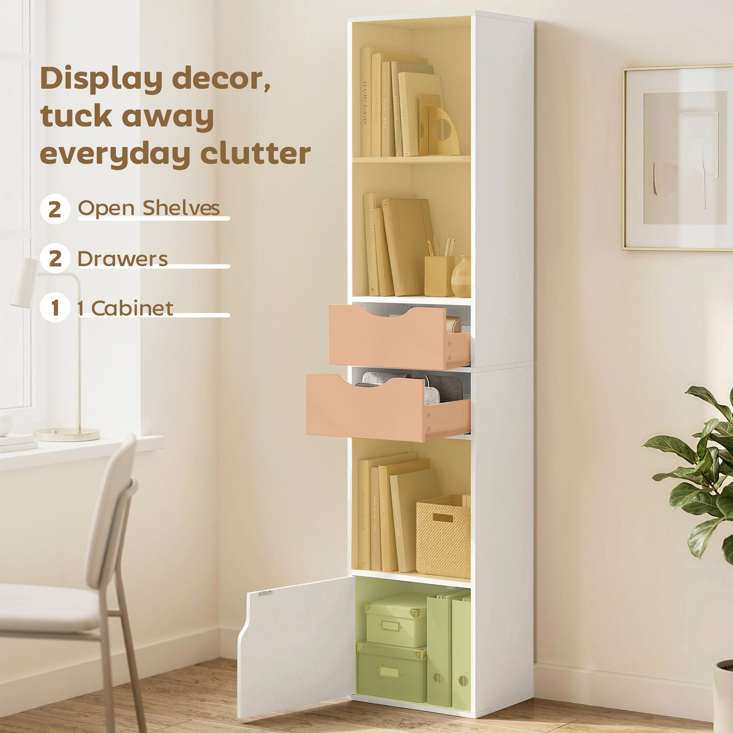 Bookcase with Drawers Adjustable Shelf Bookshelf with 2 Drawers and Cabinet 158cm, White / Grey