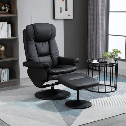PU Leather Recliner Chair with Ottoman, Swivel Recliner and Ottoman with Round Wrapped Base for Living Room, Black