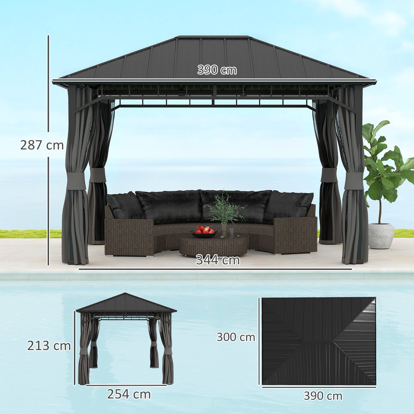 3 x 4m Hardtop Gazebo with Galvanised Steel Roof and Water Gutter, Waterproof Permanent Pavilion Garden Gazebo W/ Curtains for Patio, Deck